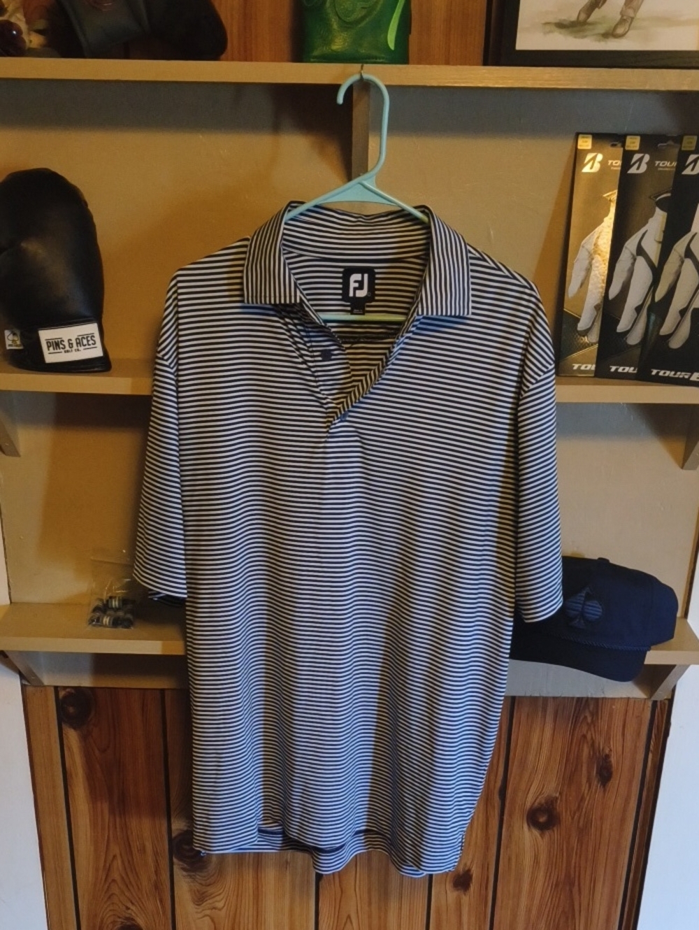 FootJoy Men's Navy and White Thin-Striped Golf Polo